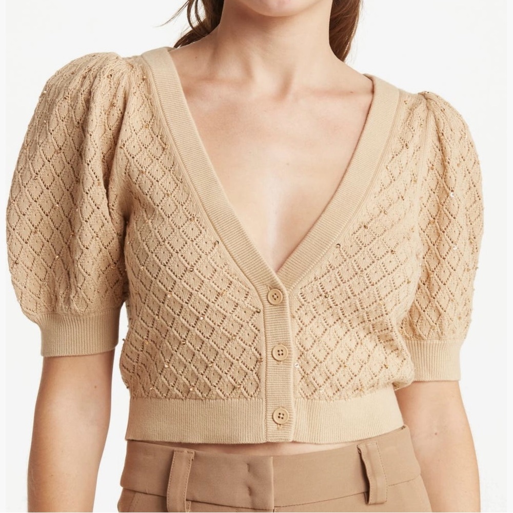 Alice + Olivia Tan Cardigan Sweater with Textured Detailing
